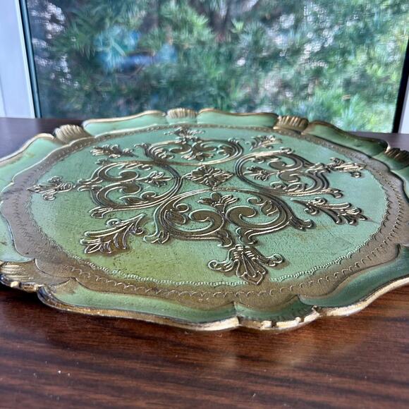 Vintage Italian Florentine Green & Gold Round Tray 15.5” Made in Italy - Picture 9 of 11